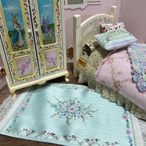 1:12 dollhouse aqua green silk rug, fully hand-painted