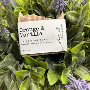Pu&ograve; includere: Una saponetta al sego con la scritta "Orange & Vanilla" su un'etichetta bianca. L'etichetta include anche il testo "TALLOW BAR SOAP" e "GRASS FED | MADE WITH ESSENTIAL OILS". Il sapone pesa 99 grammi. Il sapone &egrave; circondato da foglie verdi e fiori viola.