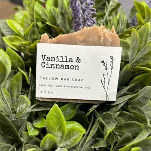 Pu&ograve; includere: Un sapone in barra al sego marrone chiaro con un'etichetta bianca che recita "Vanilla & Cinnamon". L'etichetta indica anche "Grass Fed | Made with Essential Oils" e "3.5 OZ". Il sapone &egrave; circondato da foglie verdi e fiori viola.