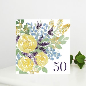 Tarjeta de 50 cumpleaños: tarjeta de felicitación floral de calidad para el 50.° cumpleaños y el aniversario de bodas de oro, en blanco por dentro.