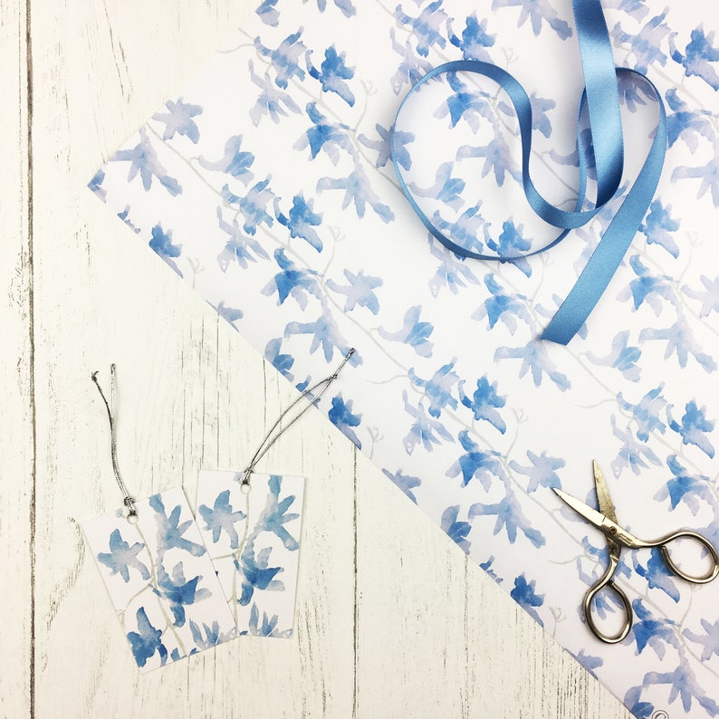 available with matching gift tags and ribbon optional Luxury floral Delphinium wrapping paper for weddings and birthdays