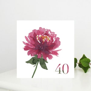 40 cartes - Carte de voeux pivoine pour 40e anniversaire ou anniversaire de mariage rubis, vierge à l'intérieur.