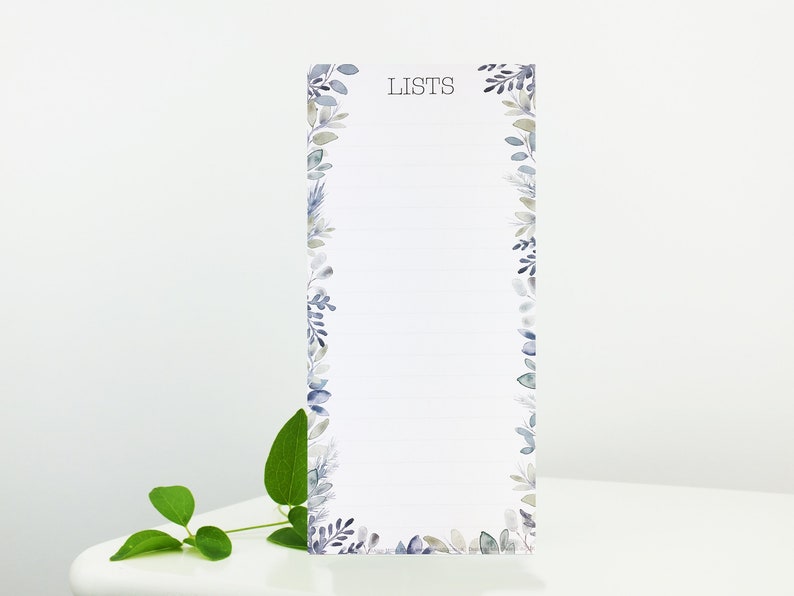 List Pad in shades of soft blue and grey in a foliage design, with 50 tear off sheets and optional magnet, for Mothers Day and Birthday image 1