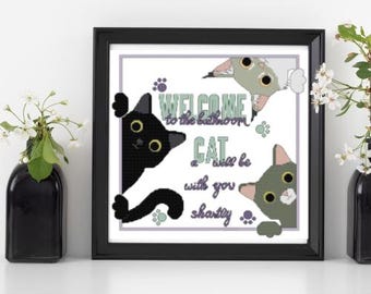 Cat Bathroom Sign Cross Stitch Pattern