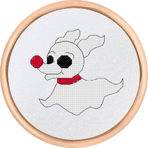 May include: A white ghost dog with a red nose and a red collar. The ghost dog is in a circular wooden frame.
