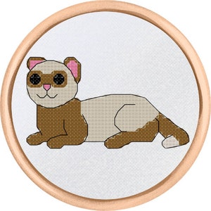 May include: A brown and white ferret with pink ears and black eyes is lying down on a white background. The ferret is looking to the left.