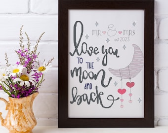 Love You to the Moon Cross Stitch Pattern - PDF Download - Wedding