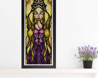 Rapunzel MINI Cross Stitch Pattern - Stained Glass - Mandie Manzano Art