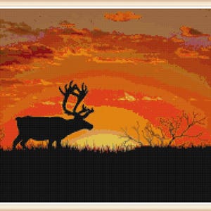 Hunting Cross Stitch Pattern - Caribou Cross Stitch - Sunset - PDF Download