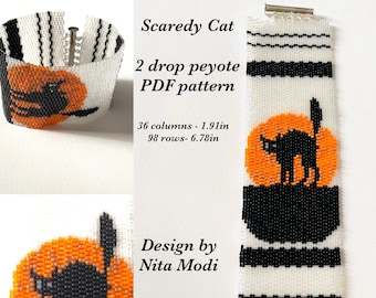 Patron à téléchargement instantané Peyotl en 2 gouttes - Chat effrayant. Bracelet marque-page perle art bricolage motif cadeau pour amoureux des chats.