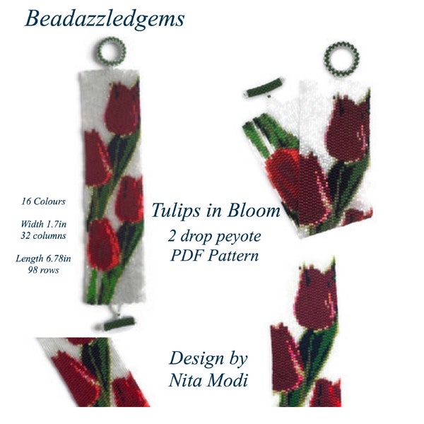 Peyote Pattern -Tulips In Bloom - 2 Drop Even Count Peyote PDF Instant Download Pattern for bracelet, bookmark or artwork and tapestry