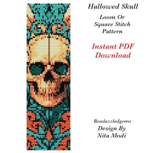 Skull Bead Loom or Square stitch pattern Instant PDF digital download for bracelet-bookmark-artwork Bead/Word charts & Delica Beads required