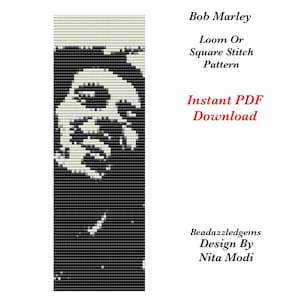 Może przedstawiać: Czarno-biały, pikselowy wzór portretu Boba Marleya do koralików na krośnie lub ściegiem kwadratowym. Tekst brzmi: Bob Marley, Loom Or Square Stitch Pattern, Instant PDF Download, Beadazzledgems Design By Nita Modi.