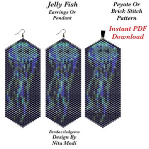 Puede incluir: Un patrón digital para pendientes o colgante de medusas con cuentas. El diseño presenta una medusa azul y verde azulado sobre un fondo oscuro. El texto dice "Jelly Fish Earrings Or Pendant" y "Instant PDF Download". El nombre del diseñador es Nita Modi.