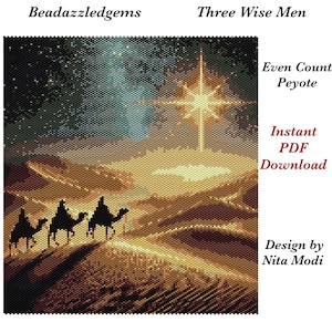 以下が含まれることがあります： 3人の賢者がラクダに乗って、星空の夜空の下、明るい星が輝いている砂漠の風景を旅しています。この画像は、クラフトプロジェクト用のビーズパターンです。画像には、「Even Count Peyote」と「Instant PDF Download」というテキストが表示されています。