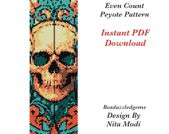 Skull-Peyote Even Count Pattern Instant PDF Download-Bracelet-Bookmark-Artwork. Bead/Word Charts + Delica beads required in DIY bead design