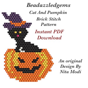May include: A black cat wearing a purple hat sits on top of an orange pumpkin with a black jack-o'-lantern face. The image is a beading pattern for a brick stitch project. The text "Beadazzledgems Cat And Pumpkin Brick Stitch Pattern Instant PDF Download An original Design By Nita Modi" is included in the image.