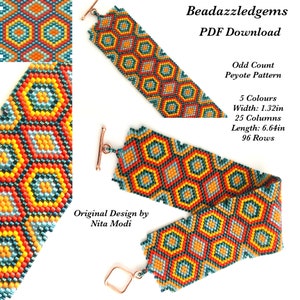 May include: A beaded bracelet with a geometric pattern in shades of orange, yellow, green, blue, and black. The bracelet is 1.32 inches wide and 6.64 inches long. It is made with an odd count peyote stitch and is a PDF download pattern.