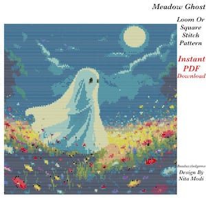 Könnte beinhalten: Ein digitales Kreuzstichmuster mit dem Titel "Meadow Ghost". Das Bild zeigt einen verpixelten Geist in einem Feld bunter Blumen unter einem mondbeschienenen Himmel. Der Text enthält "Loom Or Square Stitch Pattern" und "Instant PDF Download."