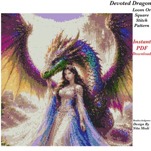 May include: A pixelated digital art pattern titled Devoted Dragon Loom Or Square Stitch Pattern Instant PDF Download by Beadazzledgems Design By Nita Modi, featuring a person with long dark hair standing beside a large dragon with colorful wings.