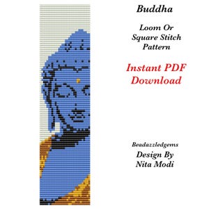 Op de afbeelding: Een blauw en goud gepixeld Boeddha-ontwerp. De afbeelding bevat de tekst "Buddha", "Loom Or Square Stitch Pattern", "Instant PDF Download" en "Beadazzledgems Design By Nita Modi".