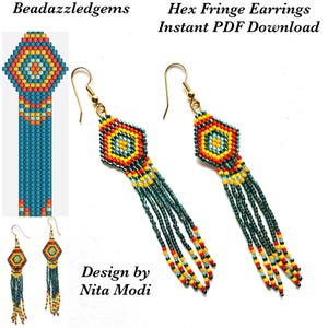 May include: A pair of beaded fringe earrings with a hexagonal design in shades of teal, yellow, orange, and red. The earrings are made with seed beads and have a gold hook closure. The design is by Nita Modi. Hex Fringe Earrings Instant PDF Download.