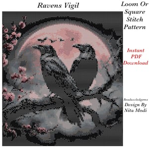 Könnte beinhalten: Digitales Kunstwerk mit dem Titel "Ravens Vigil", das zwei schwarze Raben auf einem Ast vor einem rosa-grauen Mondhimmel zeigt. Das Bild ist ein Web- oder Quadratstichmuster, das als sofortiger PDF-Download verfügbar ist.