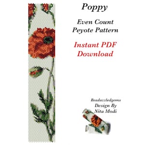 Poppy-Peyote Even Count Pattern Instant PDF Download-Bracelet-Bookmark-Artwork. Bead/Word Charts + Delica beads required in DIY bead design