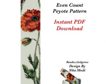 Poppy-Peyote Even Count Pattern Instant PDF Download-Bracelet-Bookmark-Artwork. Bead/Word Charts + Delica beads required in DIY bead design