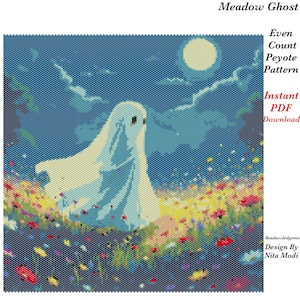 Op de afbeelding: Een digitaal kunstwerk genaamd "Meadow Ghost" toont een geest in een bloemenveld onder een maanverlichte hemel. De afbeelding is een kralenpatroon met de tekst "Even Count Peyote Pattern" en "Instant PDF Download".