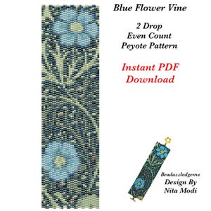 Peyote-patroon - Blue Flower Vine - Peyote-patroon met zelfs tellingen van 2 druppels Directe pdf-download voor het maken van een armband, bladwijzer, kunstwerk of wandtapijt