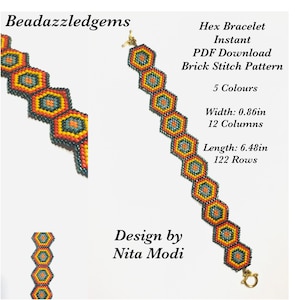 May include: A colourful beaded bracelet pattern in a brick stitch design. The bracelet is 6.48 inches long and 0.86 inches wide. The pattern is made with 5 colours of beads and includes 122 rows and 12 columns. The pattern is available as an instant PDF download.