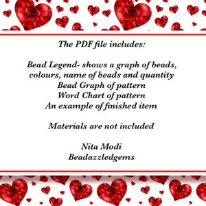 May include: A white background with a pattern of red heart-shaped gems. A white rectangular frame contains text describing the contents of a PDF file, including a bead legend, graph, and chart. The text also mentions the creator, Nita Modi.