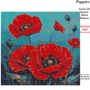 Op de afbeelding: Een kralenpatroon met rode klaprozen op een turquoise achtergrond met de tekst Poppies, Loom Or Square Stitch Pattern, Instant PDF Download en Beadazzledgems Design By Nita Modi. Het ontwerp bestaat uit een raster van kleine vierkantjes.