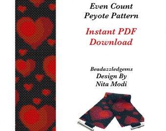 Bracelet Heart Even Count Peyote Pattern - digital PDF instant download for bracelet, bookmark, artwork or tapestry