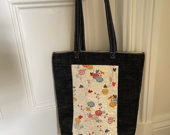 Denim Tote Bag, Denim Bag, Shopping Bag, Handmade Tote Bag, Floral Quilted Tote.