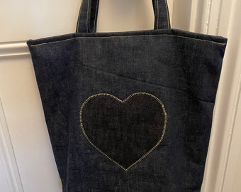 Denim Tote Bag, Denim Bag, Shopping Bag, Handmade Tote Bag, Denim Heart Tote Bag.