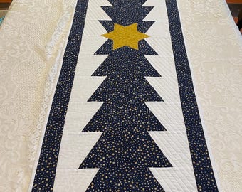 Handmade Quilted Christmas Tree Table Runner,  Blue Christmas Tree Table  Runner
