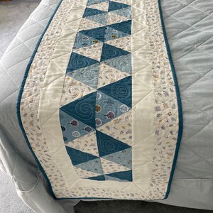 Bed Runner, Quilted Patchwork, 100% Cotton, King Size Bed Runner, Blue and Cream, Handmade Patchwork, Flowers, Birds & Trees, Bed Linen image 4