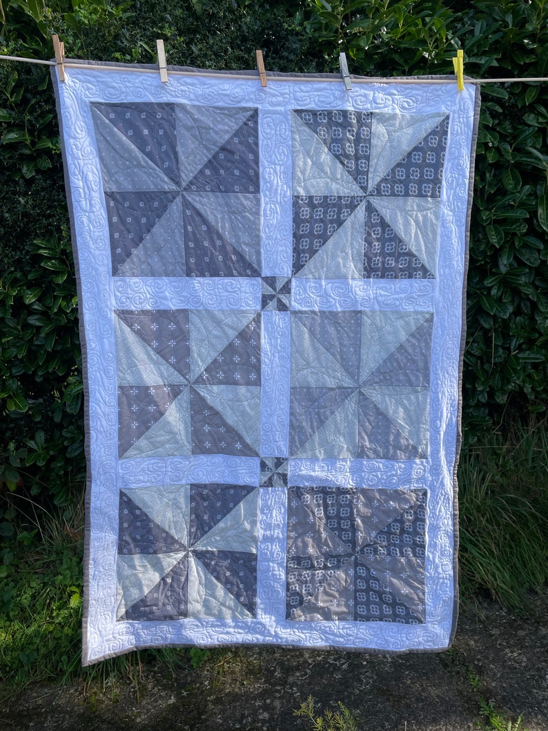 Lap Quilt, Grey Quilt, Handmade Quilt, 100% Cotton, Designer Quilt, Handmade in Wales, Grey and White Quilt, Cosy Quilt, Patchwork Quilt image 10