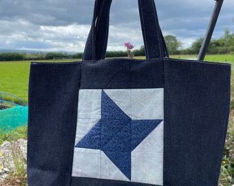Handmade Denim Star Patchwork Tote Bag, Strong Shopping Bag