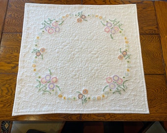 Vintage Table Cloth, Quilted Table Cloth,  Vintage Embroidered Table Cloth,  Vintage, Up Cycled Linens, Table Centre Piece, Repurposed Linen