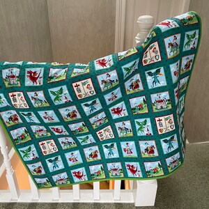 Dragons and Knights Quilt, Handmade Patchwork Cotton Toddler Quilt (40x40 inches)
