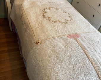 Handmade Vintage Linen Patchwork Quilt, Cream Single Bedspread