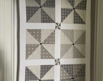 Handmade Patchwork Lap Quilt, Grey & White Cotton, Welsh Design