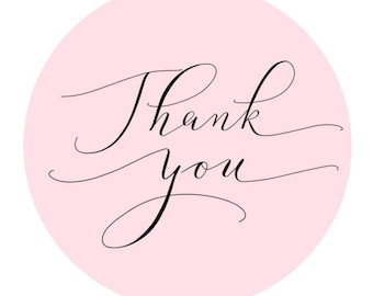 Round Thank You Stickers Pink and Black - Calligraphy Design, 1.5 inches, Set of 12