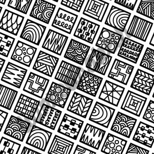 May include: Black and white geometric patterns in a grid format. Each square features a different design, including circles, lines, zigzags, and waves.
