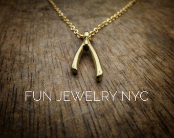 CUTE WISHBONE Necklace, Tiny, Gold, Layering Matte Gold Necklace Good Luck Charm Womens Simple Small Modern Great Gift Retro Fun Jewelry NYC