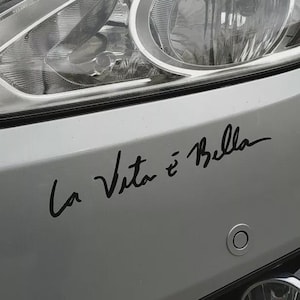 Può includere: Primo piano della parte anteriore di un'auto argentata, con un faro e la frase italiana "La Vita è Bella" in nero sul paraurti. L'auto è parcheggiata in strada.