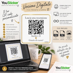 Può includere: Un modello di file digitale per un cartello di recensioni quadrato con un QR code centrale, il testo Lascia una recensione, Atelier 21 e Grazie di cuore. Il design include un bordo dorato e un'icona a cuore, visualizzato su laptop e smartphone.